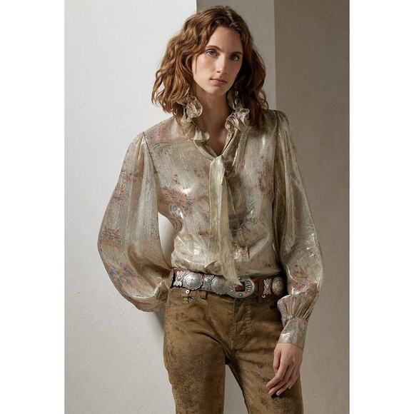 Ralph Lauren Collection Puff Sleeve Blouse Lurex Dress Shirt Tie Neck Silk 10 M - Picture 1 of 13